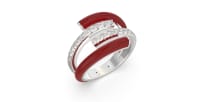 Double Bypass Ring in Sterling Silver with Two Rows of Bright Red Ceramic and Two Rows of Lab Grown Diamonds
