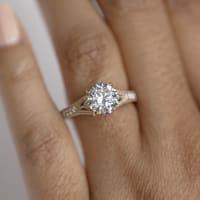 Zinnia Engagement Ring With 2.00 ct Round Center DEW, Ring Size 5.75, 14K Yellow Gold, Nexus Diamond Alternative