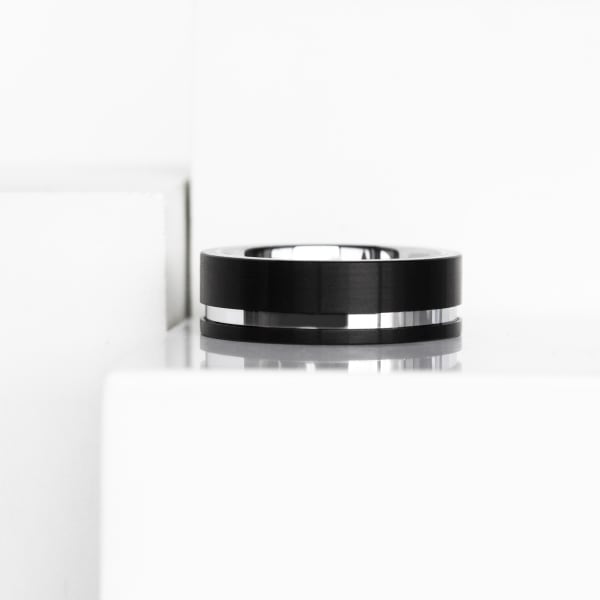 Obsidian Grooved Wedding Band, Silver Tungsten
