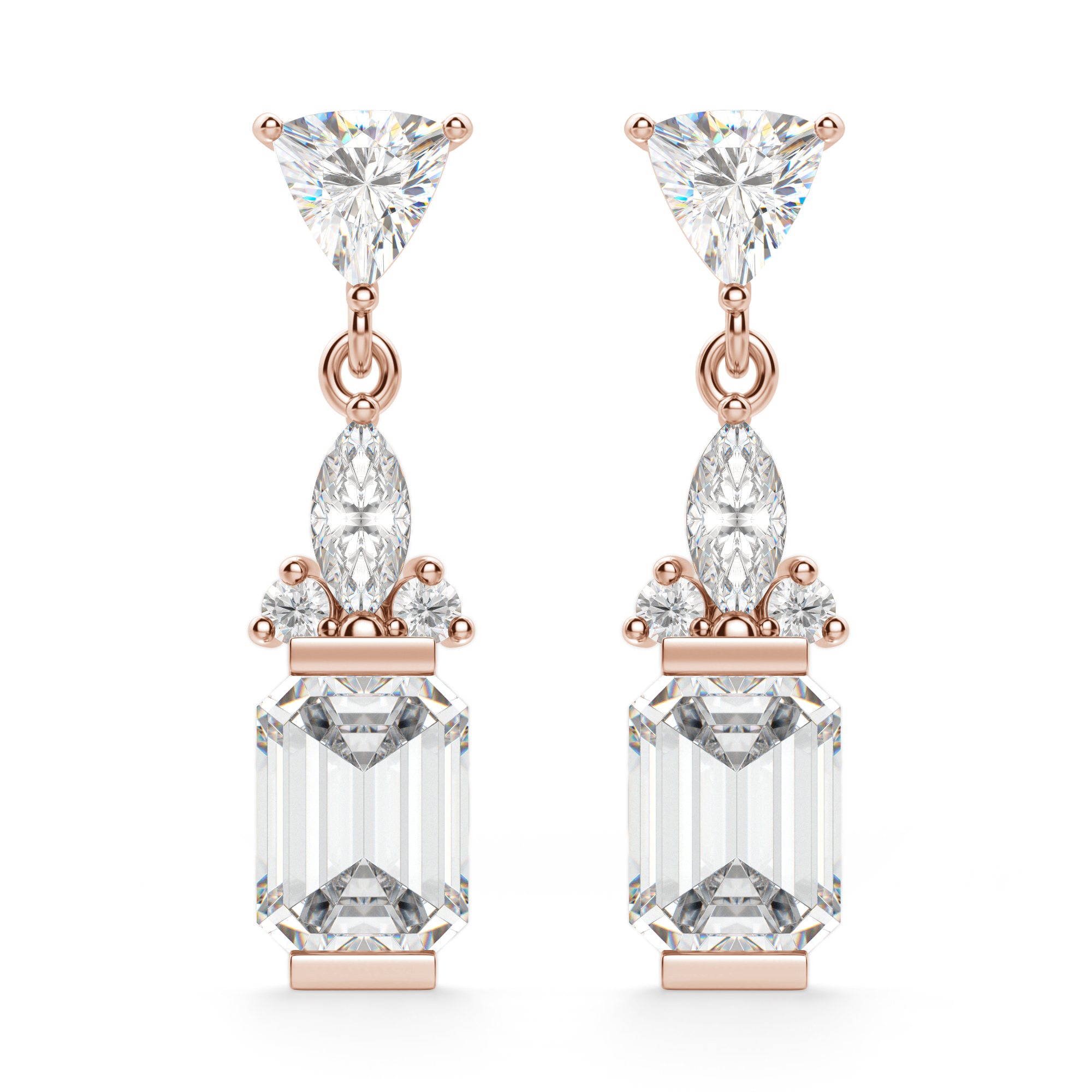 Eau de Rose Cut Diamond Iris Double Drop Earrings - Backs White Gold / Pair