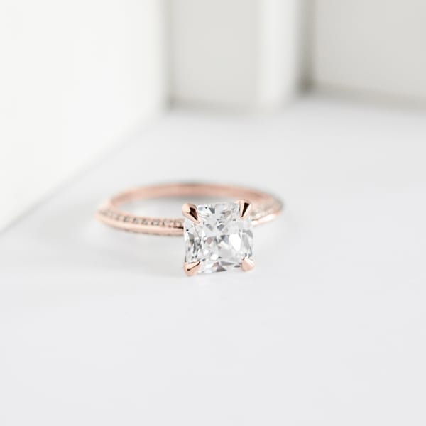 Knife-Edge Accented Cushion Cut Engagement Ring in Rose Gold