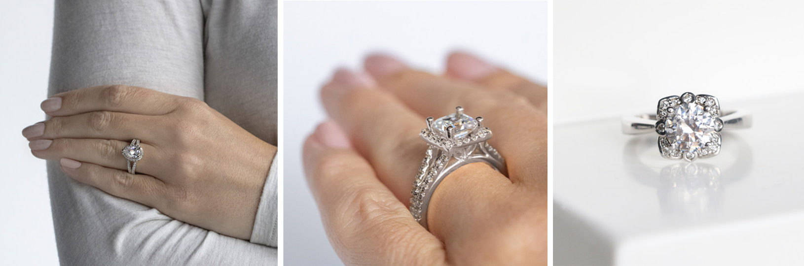 Three different versions of the halo engagement ring setting