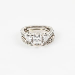 Sage Three Stone Engagement Set With 0.99 Princess Center, Ring Size, 10K White Gold default,,first_image,