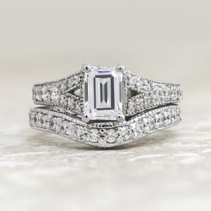 Valencia with 1.74 Carat Emerald Cut Center and One Matching Band - 14k White Gold - Ring Size 7.5-8.5 default,first_image,