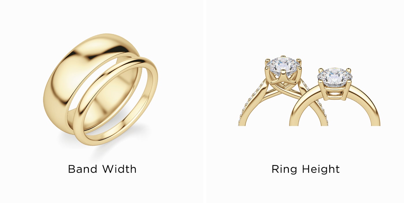 Two bands shown with different shank widths and two engagement rings with different setting heights.
