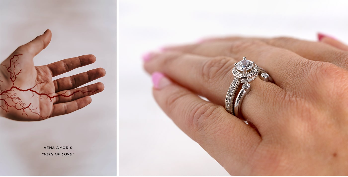 A Diamond Nexus wedding set shown on a ring finger: the vein of love.