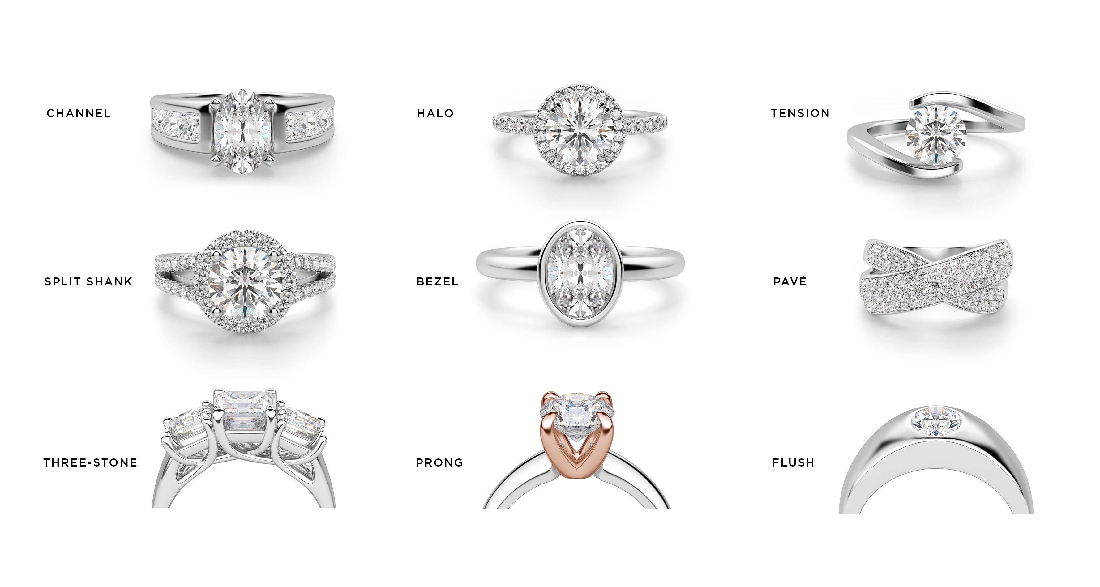 Examples of different engagement ring setting options.