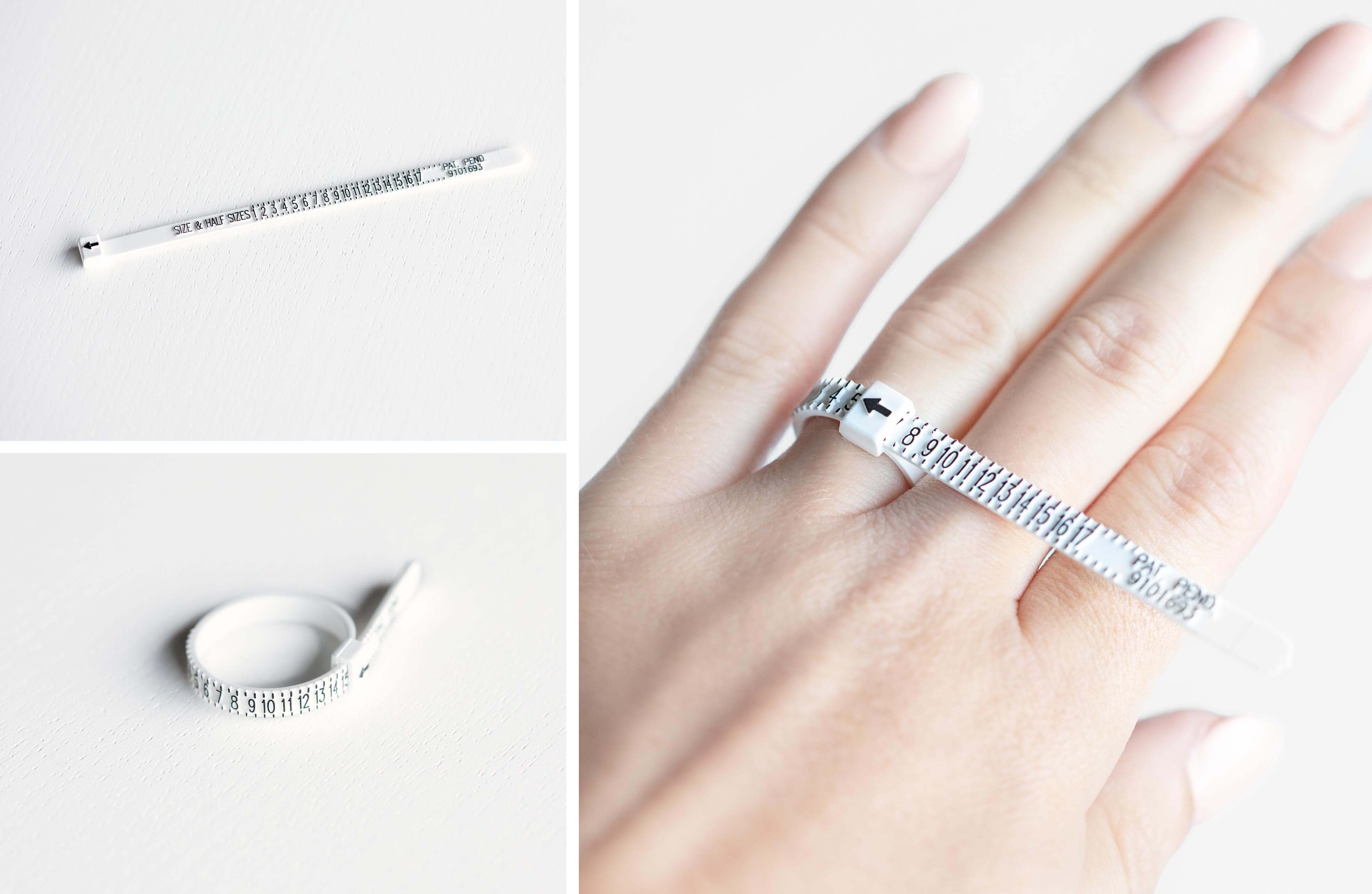 A ring sizing measuring tape wrapped around a finger to determine size.
