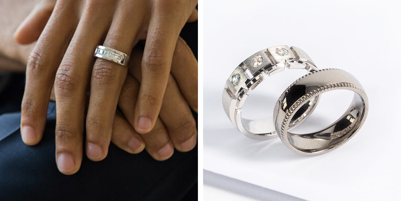 Men's simulated diamond wedding rings.